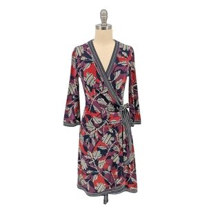 01410 BCGBMaxazria Floral Wrap Knit Dress Red Purple XS preppy Business casual